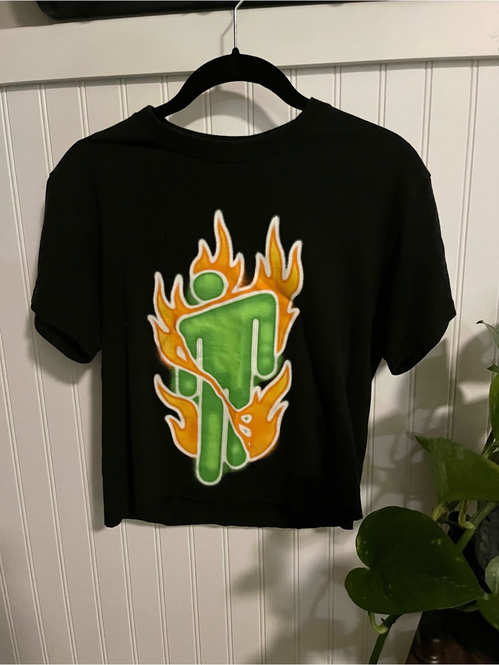 Black Short-Sleeve Tee with Green Figure & Orange Flame Graphic